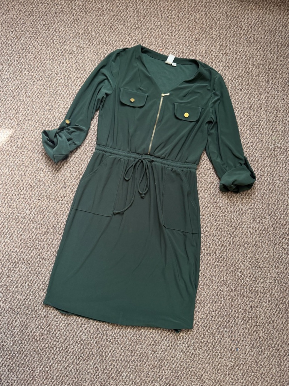 Soho Apparel Dark Green Long Sleeve Zip Front Shirt midi dress